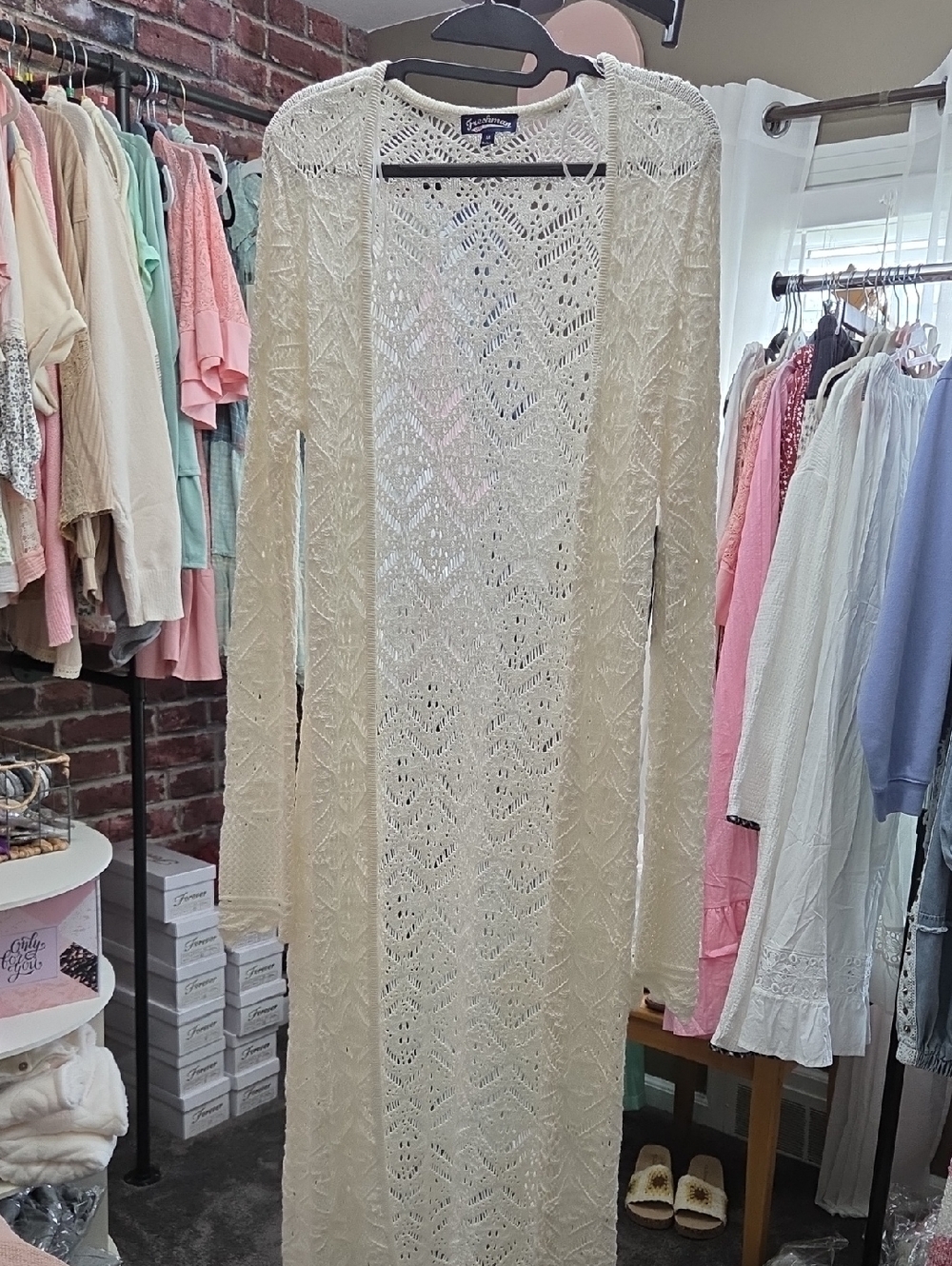 Open-Front Crochet Maxi Cardigan Dress in Cream